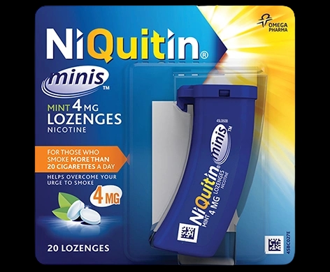 NiQuitin Minis Mint 4mg Lozenges packaging which is available to order online from NowPatient with next day delivery