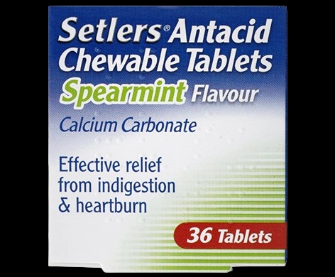 Setlers Antacid Chewable Tablets Spearmint Flavour packaging which is available to order online from NowPatient with next day delivery