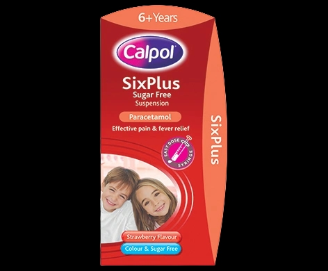 Calpol Six Plus Sugar-Free Suspension packaging which is available to order online from NowPatient with next day delivery