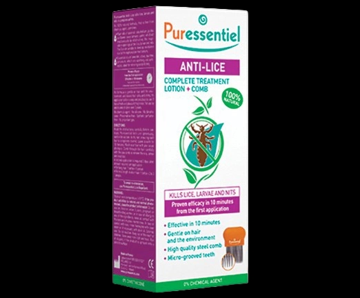 Puressentiel Anti-Lice Complete Treatment Lotion + Comb packaging which is available to order online from NowPatient with next day delivery