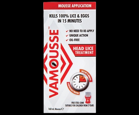 Vamousse Head Lice Treatment packaging which is available to order online from NowPatient with next day delivery