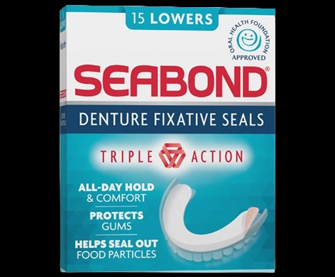 Seabond Denture Fixative Seals Lowers packaging which is available to order online from NowPatient with next day delivery