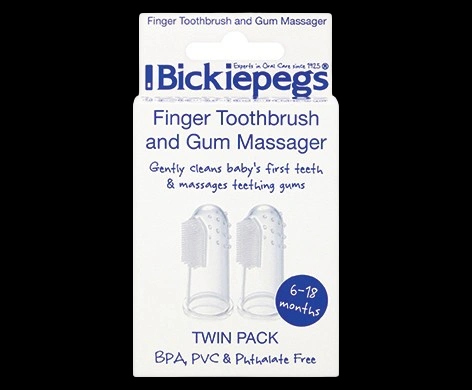 Bickiepegs Finger Toothbrush & Gum Massager packaging which is available to order online from NowPatient with next day delivery