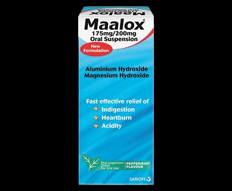 Maalox 175mg/200mg Oral Suspension packaging which is available to order online from NowPatient with next day delivery