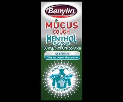 Benylin Mucus Max Menthol 100mg/5ml Oral Solution packaging which is available to order online from NowPatient with next day delivery