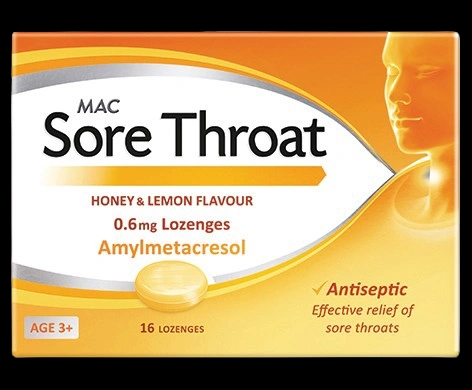 Mac Sore Throat Honey & Lemon Flavour 0.6mg Lozenges packaging which is available to order online from NowPatient with next day delivery