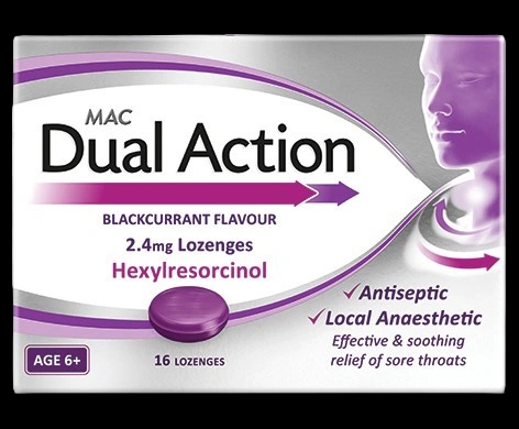 Mac Dual Action Blackcurrant Flavour 2.4mg Lozenges packaging which is available to order online from NowPatient with next day delivery