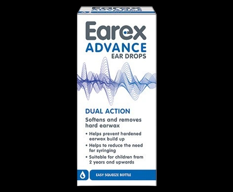 Earex Advance Ear Drops packaging which is available to order online from NowPatient with next day delivery