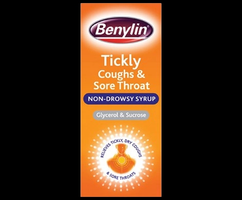 Benylin Dry & Tickly Cough Syrup packaging which is available to order online from NowPatient with next day delivery
