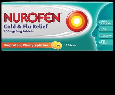 Nurofen Cold & Flu Relief 200mg/5mg Tablets packaging which is available to order online from NowPatient with next day delivery