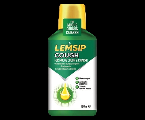 Lemsip Cough for Mucus Cough & Catarrh 100mg/2.5mg/5ml Oral Solution packaging which is available to order online from NowPatient with next day delivery