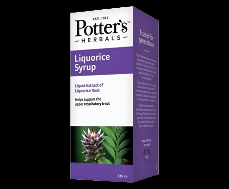 Potter’s Liquorice Syrup packaging which is available to order online from NowPatient with next day delivery