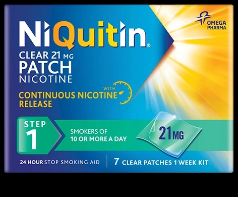 NiQuitin Clear 21mg,14mg, 7mg Patch packaging which is available to order online from NowPatient with next day delivery