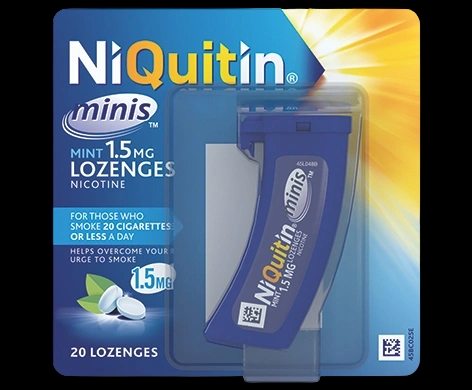 NiQuitin Minis Mint 1.5mg Lozenges packaging which is available to order online from NowPatient with next day delivery