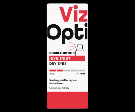 VizOpti Double Action Dry Eyes Eye Mist packaging which is available to order online from NowPatient with next day delivery
