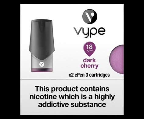 Vype EPen 3 Dark Cherry E-Cig Pods 18mg packaging which is available to order online from NowPatient with next day delivery