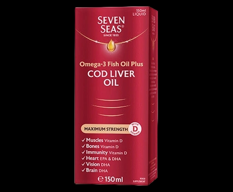 Seven Seas Omega-3 Fish Oil plus Cod Liver Oil Maximum Strength Liquid packaging which is available to order online from NowPatient with next day delivery