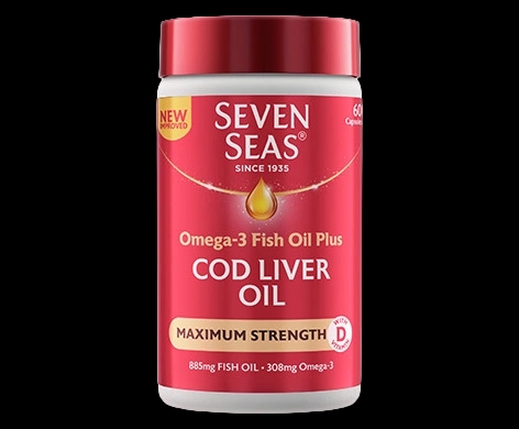Seven Seas Omega-3 Fish Oil plus Cod Liver Oil Maximum Strength Capsules packaging which is available to order online from NowPatient with next day delivery