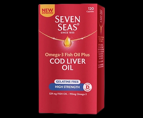 Seven Seas Omega-3 Fish Oil plus Cod Liver Oil Gelatine Free High Strength Capsules packaging which is available to order online from NowPatient with next day delivery
