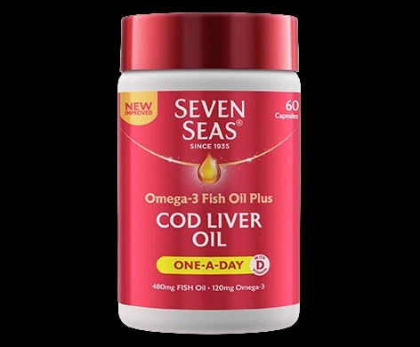 Seven Seas Omega-3 Fish Oil plus Cod Liver Oil One-A-Day packaging which is available to order online from NowPatient with next day delivery