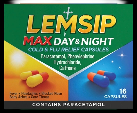 Lemsip Max Day & Night Cold & Flu Relief Capsules packaging which is available to order online from NowPatient with next day delivery