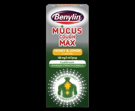 Benylin Mucus Cough Max Honey & Lemon Flavour 100mg/5ml Syrup packaging which is available to order online from NowPatient with next day delivery