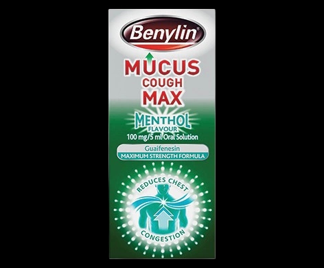 Benylin Mucus Cough Max Menthol Flavour 100mg/5ml Oral Solution packaging which is available to order online from NowPatient with next day delivery