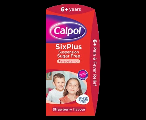 Calpol Six Plus Suspension Sugar-Free packaging which is available to order online from NowPatient with next day delivery
