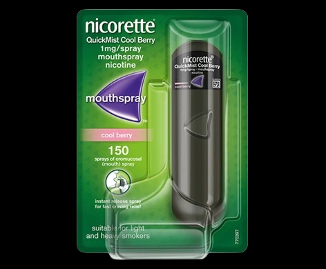 Nicorette QuickMist Cool Berry 1mg/spray Mouthspray packaging which is available to order online from NowPatient with next day delivery