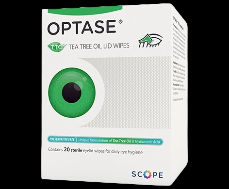 Optase Tea Tree Oil Lid Wipes packaging which is available to order online from NowPatient with next day delivery
