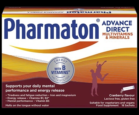 Pharmaton Advance Direct Multivitamins and Minerals – Cranberry Flavour packaging which is available to order online from NowPatient with next day delivery