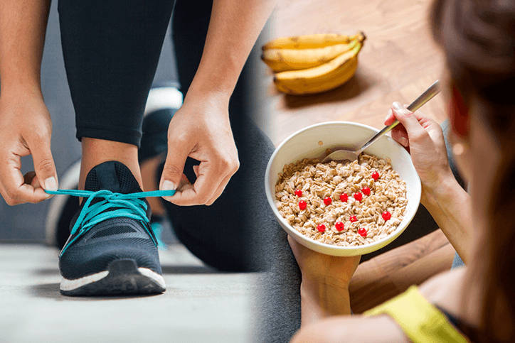 A woman performing daily activities of tying her shoes and eating cereal.