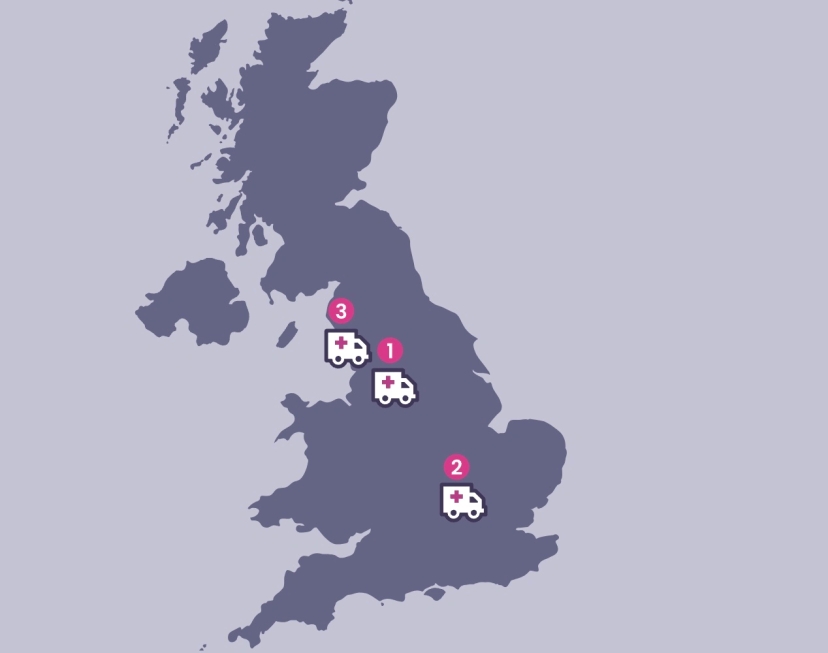 A map of the UK displaying the locations of British cities, highlighting the healthcare crisis.