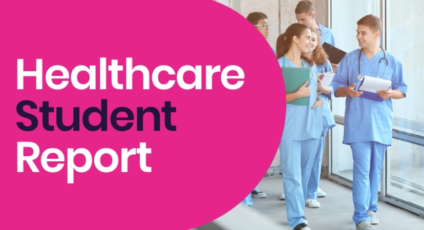 A pink background with the words healthcare student report.