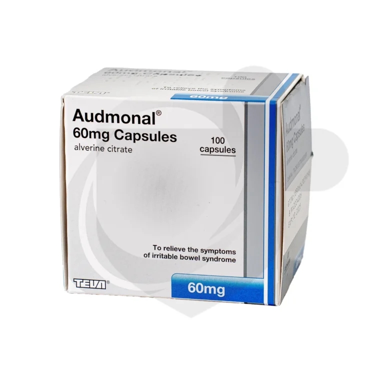 A box of autonomal 60mg Alverine citrate capsules on a white background.