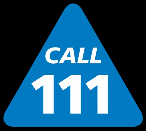 A blue triangle with the words call 911 on it for emergency prescriptions.