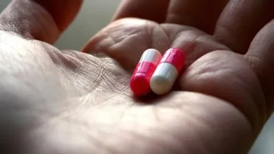 A hand holding two red-and-white capsules of pregabalin medication.