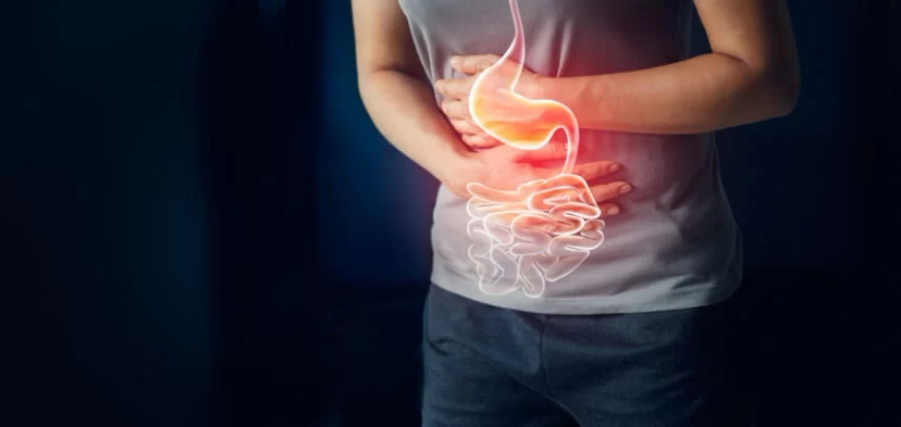 A person holding their stomach area with a digital illustration of the digestive system, clearly showing upper stomach pain and discomfort.