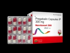 Blister pack with 15 red and white capsules next to a box labeled "Pregabalin Capsules IP 300 mg, Nervismart 300". Note: Is pregabalin addictive?