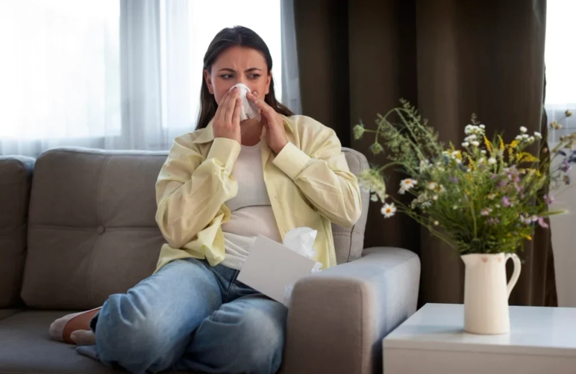 A person sitting on a couch, holding a tissue to their nose, appears to be sneezing due to hay fever symptoms. A tissue box is on the armrest, and a vase of flowers is on the table nearby.