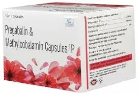 A white box labeled "Pregabalin & Methylcobalamin Capsules IP," adorned with red floral designs on the sides, containing 10 strips of 10 capsules each, specifically formulated for nerve pain relief.