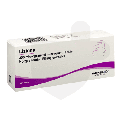 A white box of Lizinna tablets from Morningside Healthcare contains 63 tablets, each with 250 microgram/35 microgram Norgestimate/Ethinylestradiol.