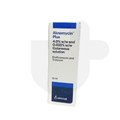 A box of "Aknemycin Plus," a renowned acne treatment, contains 25ml of a 4% erythromycin and 0.025% tretinoin cutaneous solution, manufactured by Almirall. Perfect for holistic skin care.