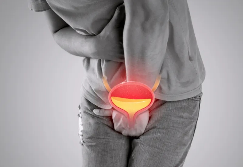 Person clutching their abdomen with a glowing illustration of a bladder overlaid, indicating discomfort or a bladder-related issue, possibly pointing to the main cause of UTI.