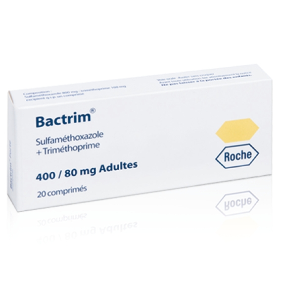 A box of Bactrim containing 20 tablets, each with 400 mg Sulfamethoxazole and 80 mg Trimethoprim, is manufactured by Roche to help manage conditions like urinary retention.