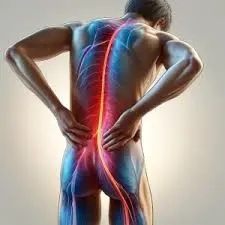 A person holds their lower back, with a highlighted spine showing potential pain or discomfort areas, possibly indicating sciatic nerve pain.