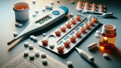 A digital thermometer displays "38.4." Surrounding it, several blister packs of pills, loose tablets, a pill bottle of ibuprofen, and medical documents are scattered on a surface, indicating a medical or health-related setting focused on fever treatment.