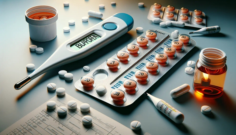 A digital thermometer displays "38.4." Surrounding it, several blister packs of pills, loose tablets, a pill bottle of ibuprofen, and medical documents are scattered on a surface, indicating a medical or health-related setting focused on fever treatment.