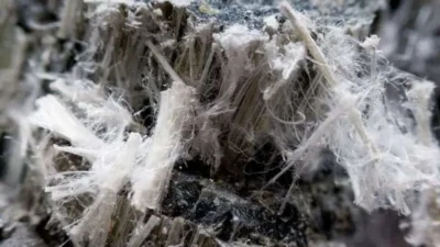 Close-up image of asbestos fibers within a rock matrix. The fibers appear in a white, fibrous, and wispy form, contrasting with the dark and rough texture of the rock. The hazardous nature of these fibers can lead to asbestosis if exposure is not managed or cured effectively.