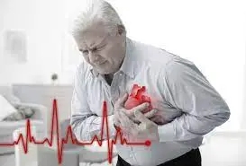 An elderly man holding his chest in pain, with a heart and EKG line, indicating symptoms of unstable angina.